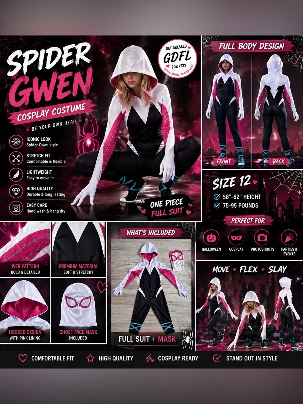 Spider Gwen Costume Girls Size 12 Cosplay Suit Pink Black White Full Set